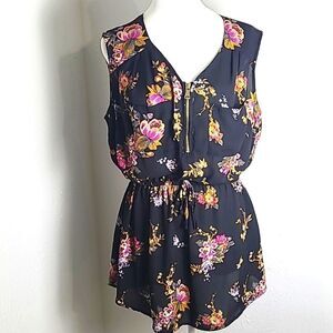 Stella Tweed Black Floral Sleeveless Top, Zipper Front Elastic Waist w/Tie Sz 1X